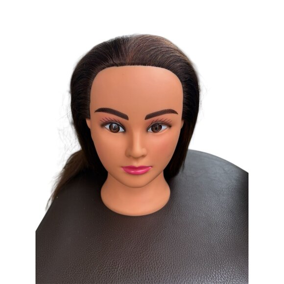 Hairdressing Training Mannequin Head With Clamp Synthetic Brown Hair For Styling - Picture 1 of 4
